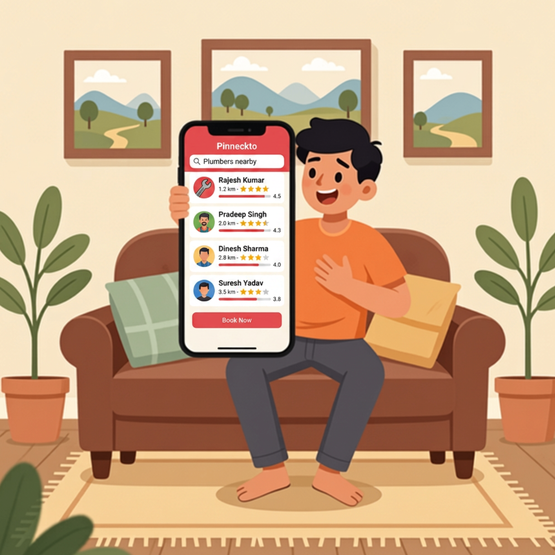 Advik smiling while viewing real-time nearby plumber responses on his phone.
