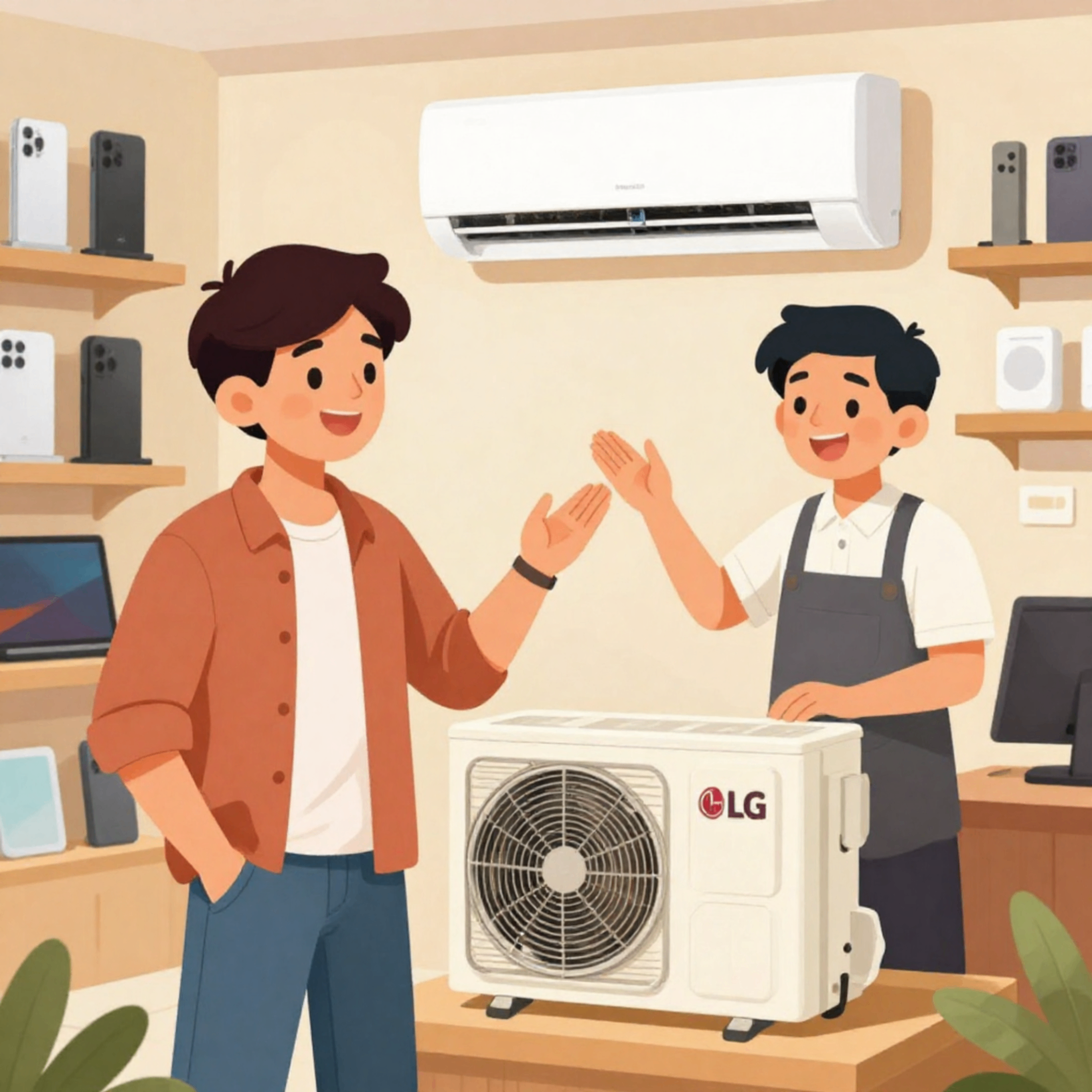 Advik visiting a nearby electronics store and interacting with a seller beside an LG AC unit.