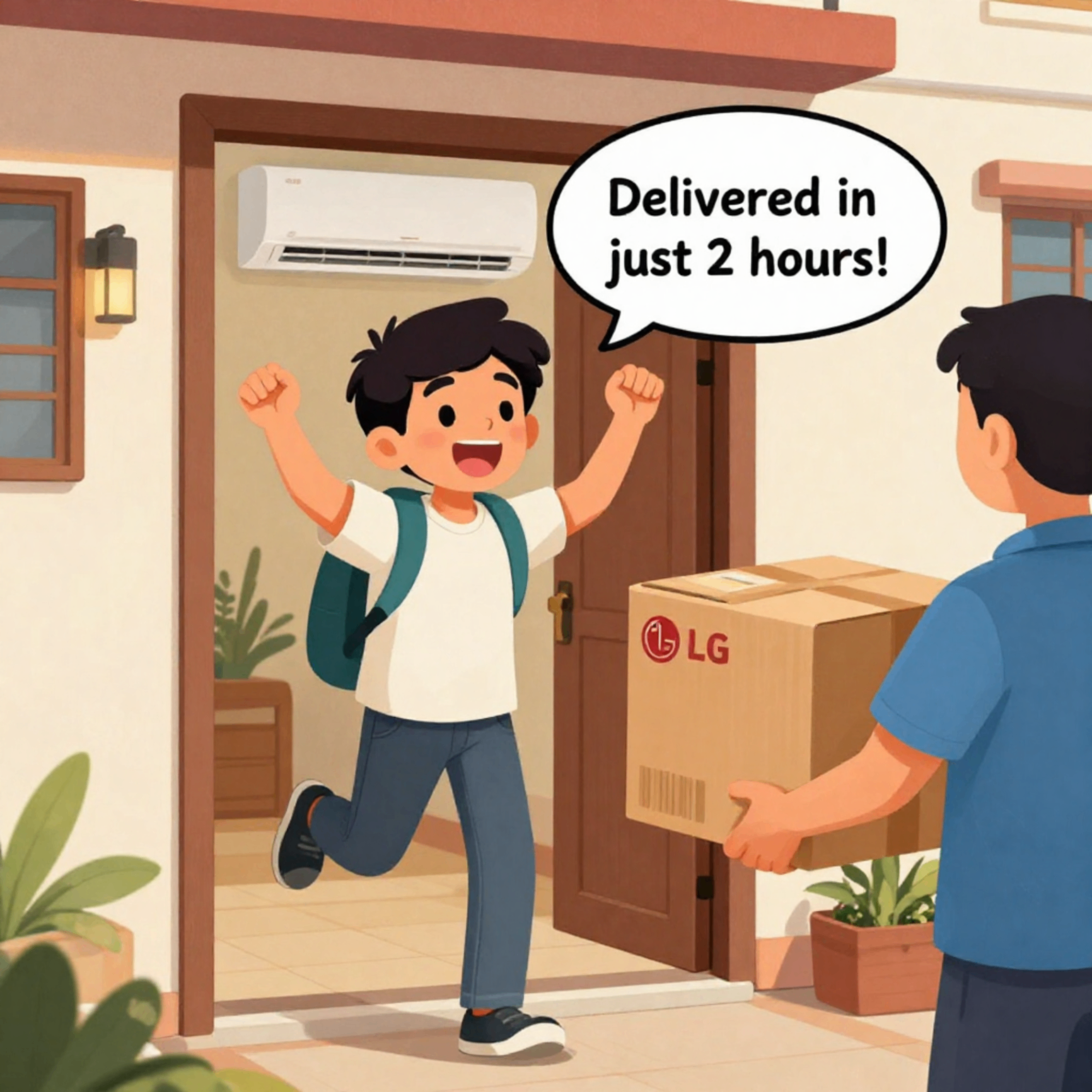 Advik celebrating after receiving an LG AC delivery quickly at home.
