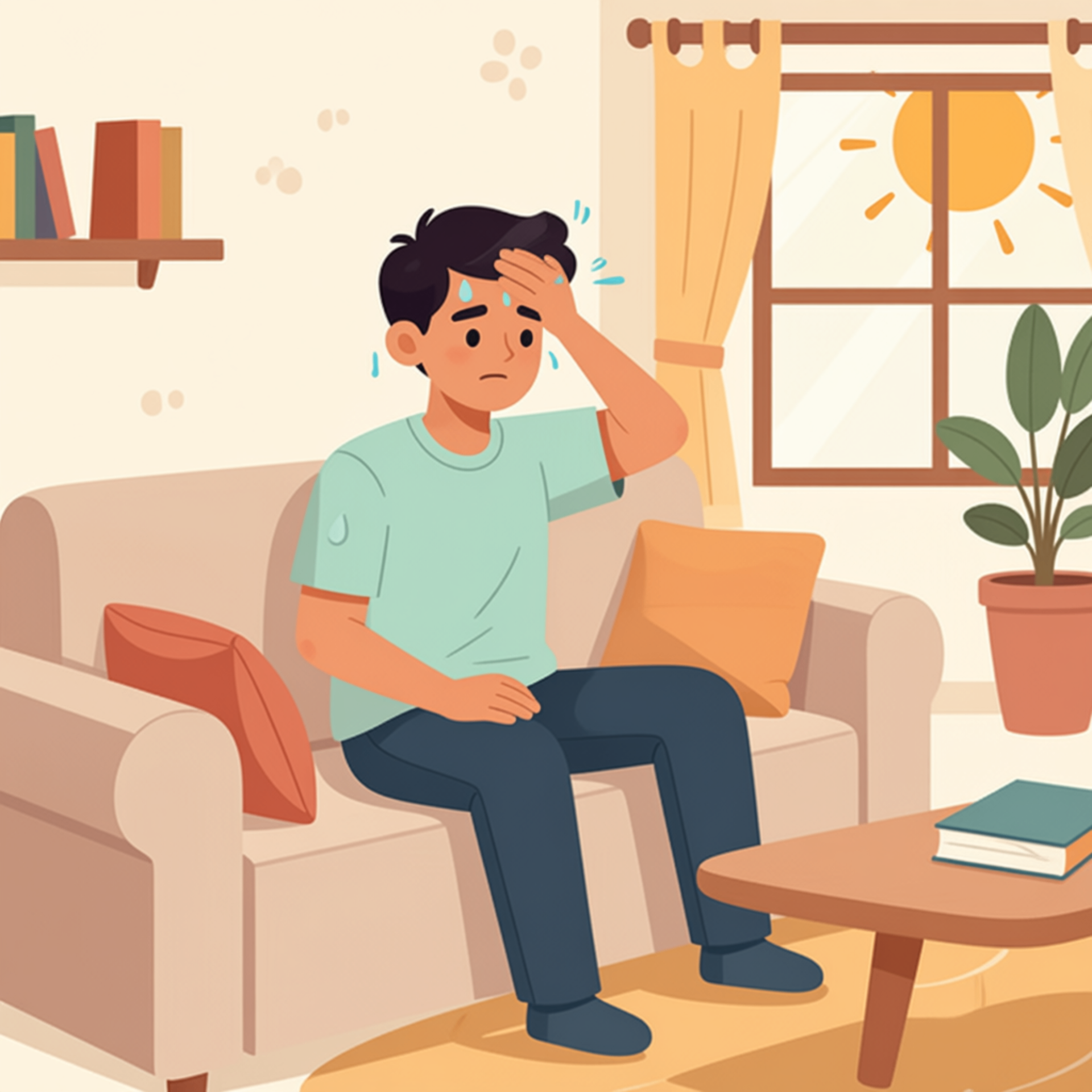 Advik sitting at home feeling hot while a fan runs nearby.
