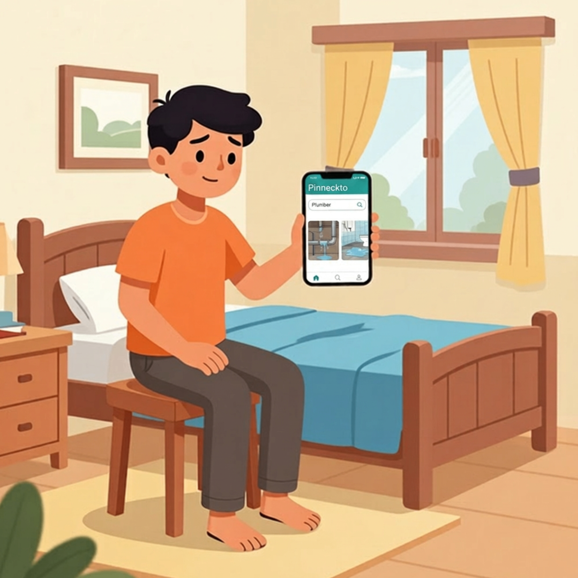 Advik searching for a plumber on the Pinneckto app from his room.