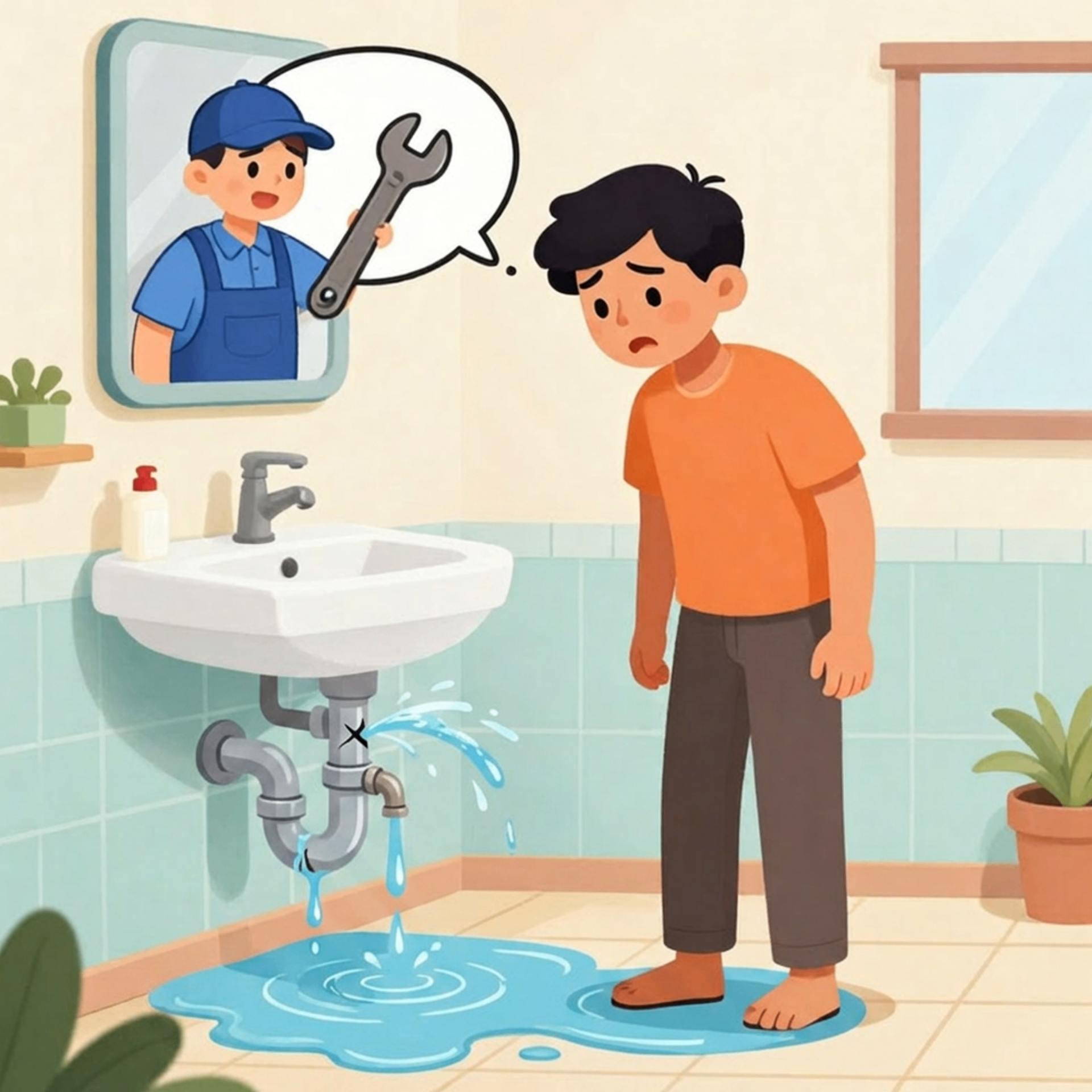 Advik standing in a bathroom with a leaking sink pipe while imagining a plumber.